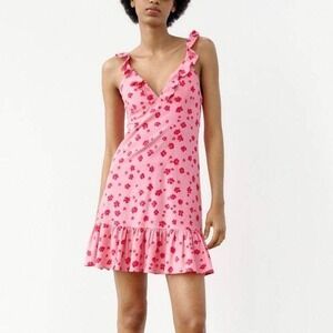 Zara Floral Ruffle Mini Dress Medium Pink Red Coquette Cottagecore Linen Blend